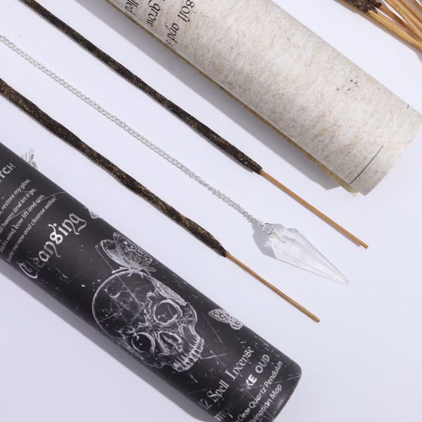 Incienso Hechizos de Brujas Antiguas Limpieza + Péndulo Cristal de Roca - Kit