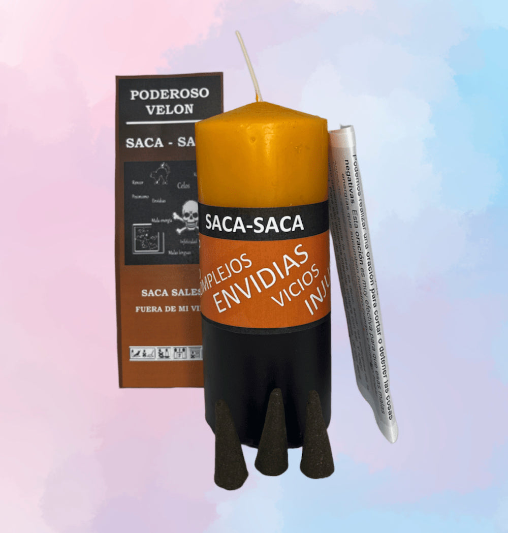 Velón Ritualizado Saca Saca – Para Expulsar Energías Negativas, Males y Vicios