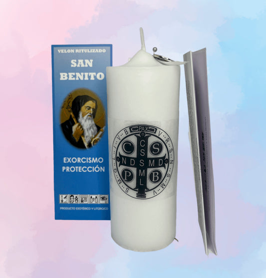 Velón Preparado San Benito Blanco – Para Protección Extrema, Contra Brujería y Envidias
